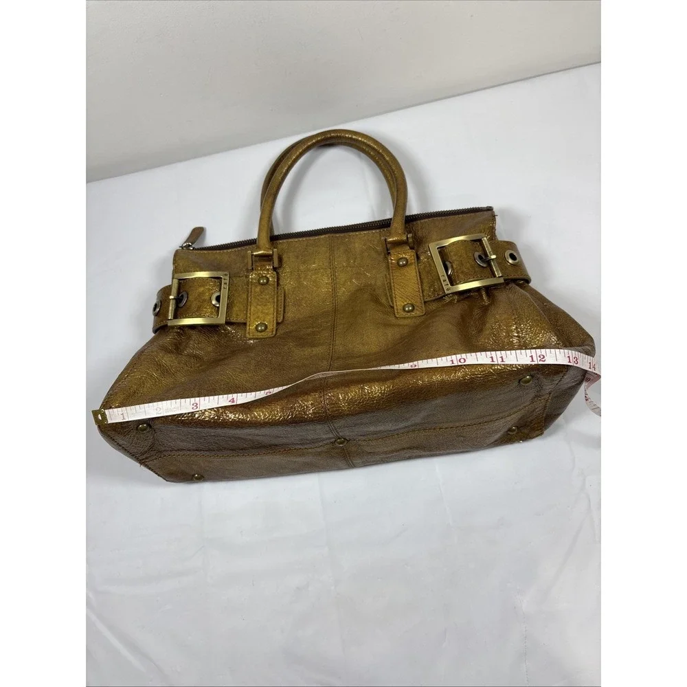 RAFE New York Metallic Gold Leather Handbag Purse Buckle DoubleHandle Retro Chic